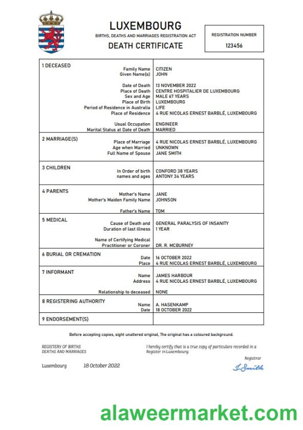 Luxembourg death certificate Word and PDF template